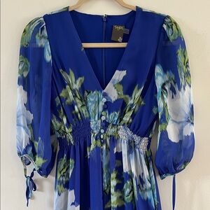 Taylor Blue and Green Floral Long Sleeve Dress